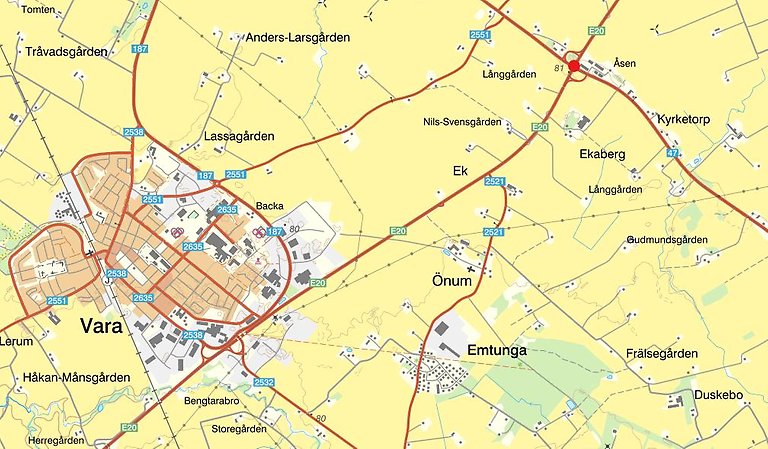 Kartbild över del av Vara kommun. Trafikplats Åsen inringad.