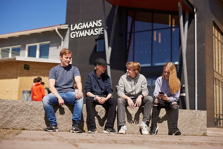Fyra ungdomar sitter framför en stor skolbyggnad.